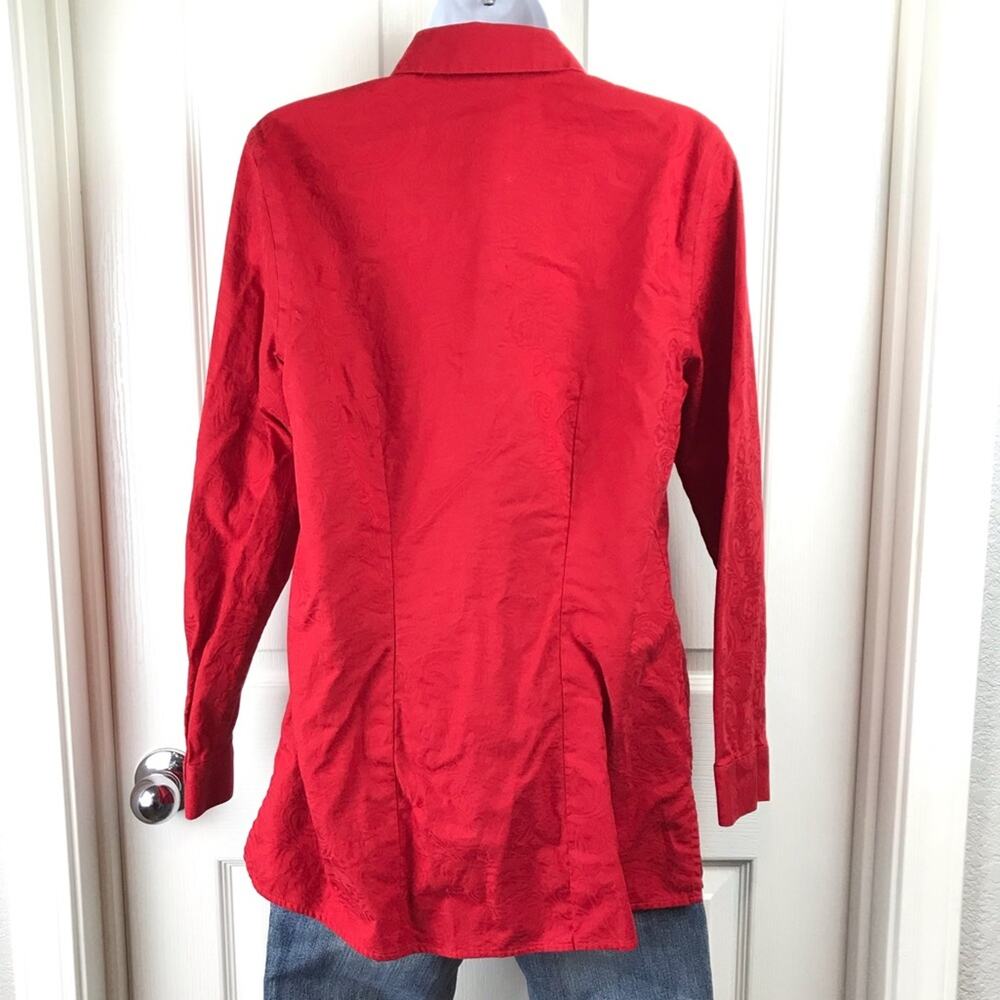 Chico's Red Structured Damask Tunic Button Up Top… - image 2